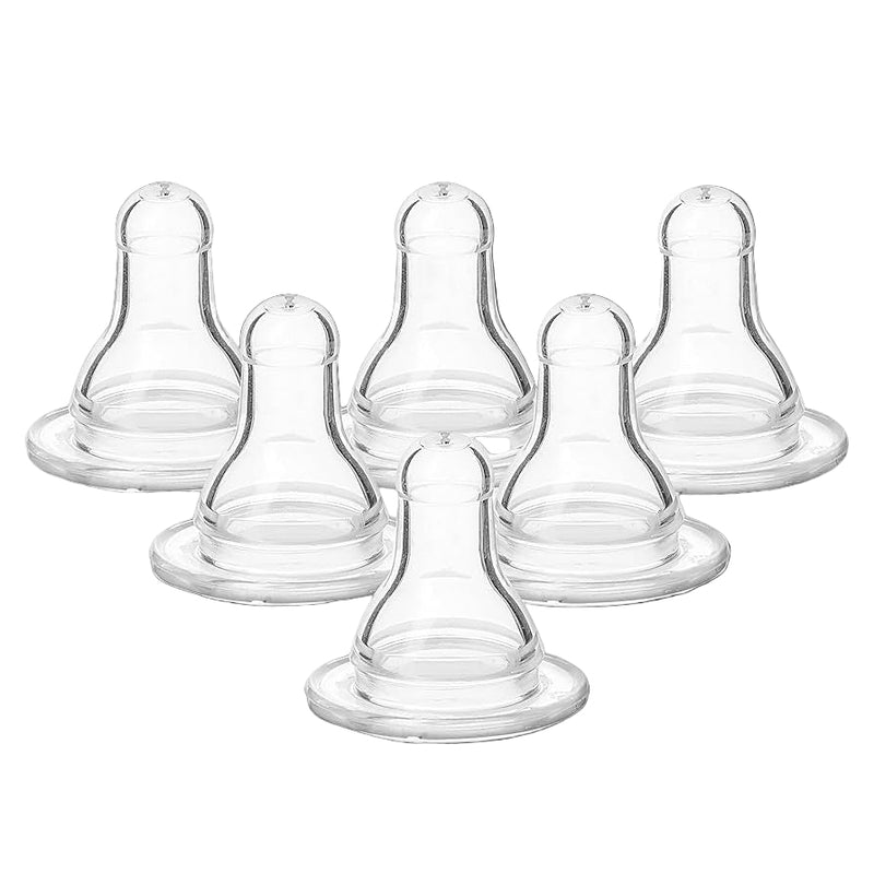 Set of six clear baby bottle nipples on a white background.
