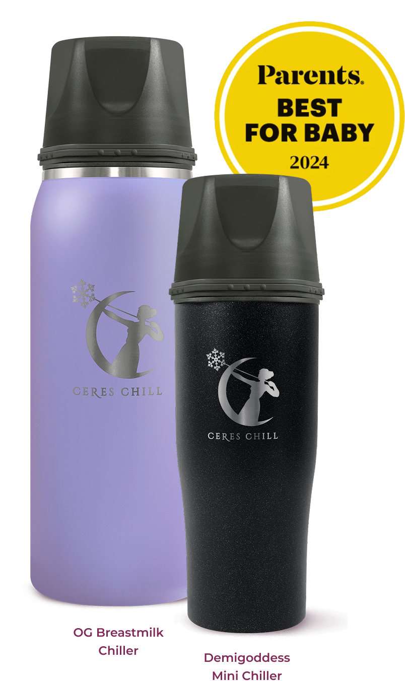 Ceres Chill Breastmilk Chillers: OG Breastmilk Chiller in lavender and Demigoddess Mini Chiller in black, displayed with a 'Parents. BEST FOR BABY 2024' award badge. Both feature the Ceres Chill logo.