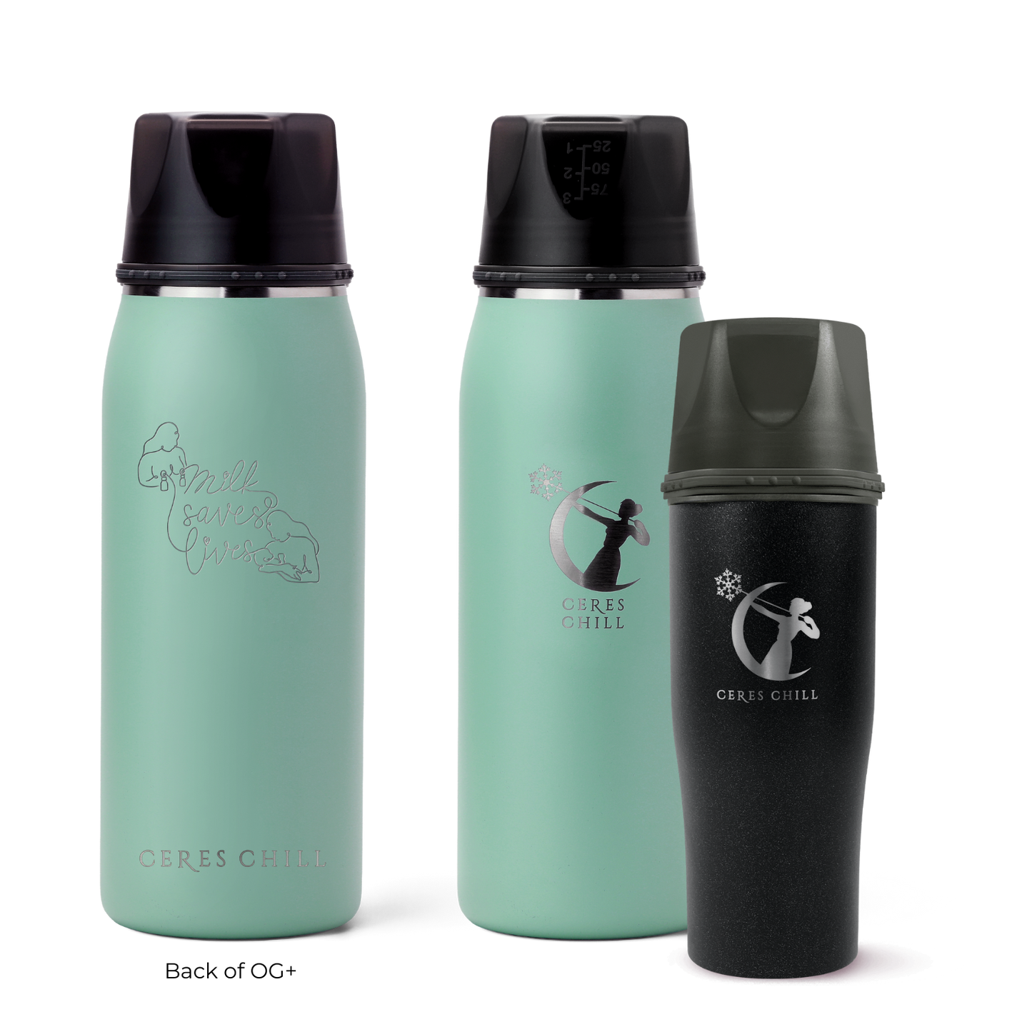 Three Ceres Chill insulated breast milk storage bottles in green and black on a white background.