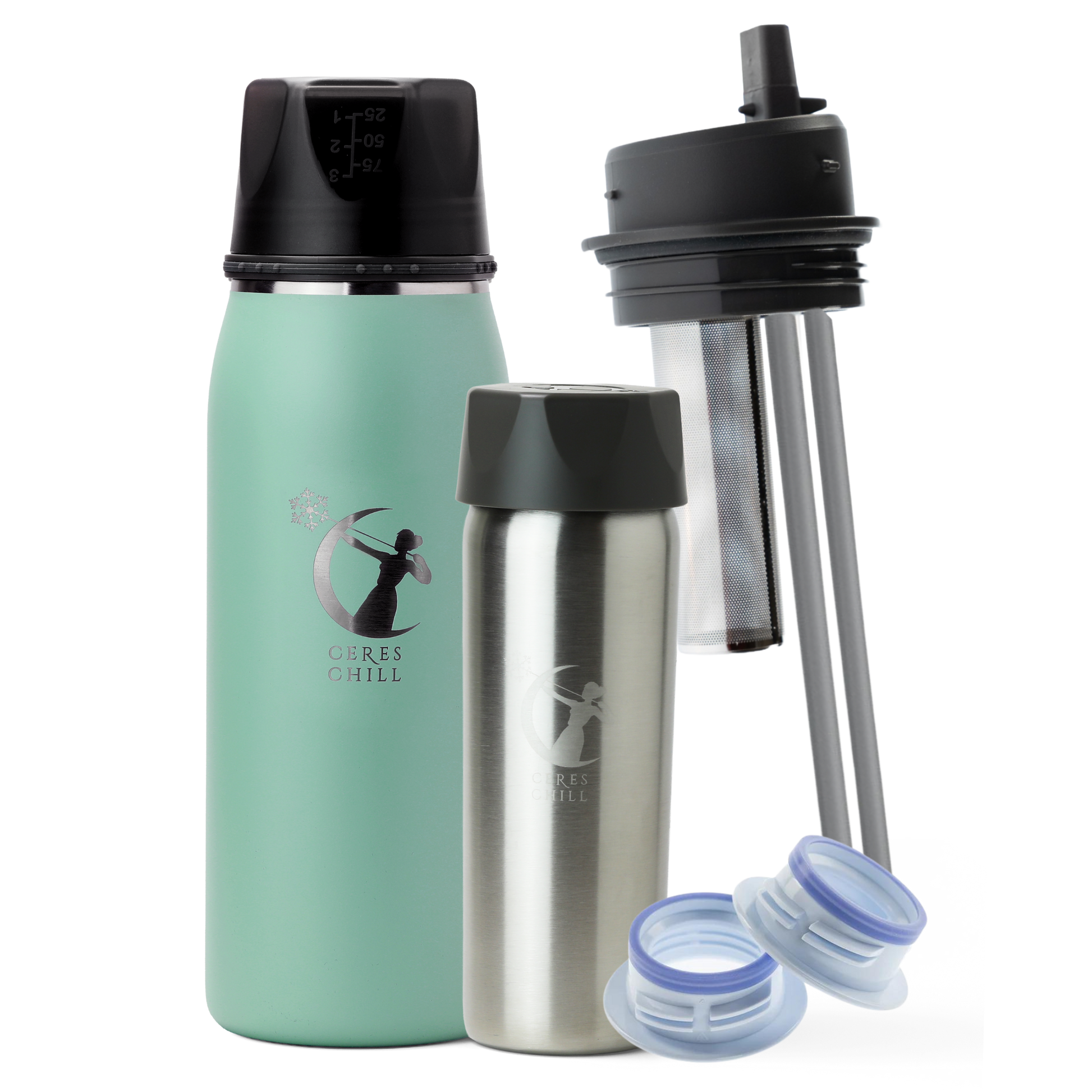 Collection of items including a Green OG+ breast milk insulated storage chiller, inner chamber, tea infuser, and breast pump attachments on a white background