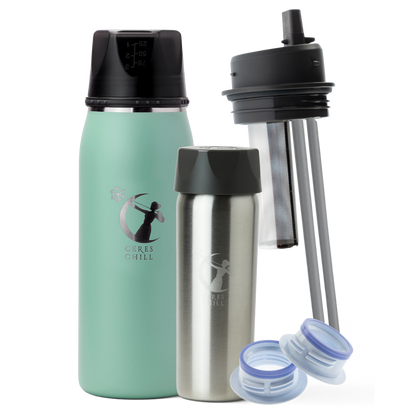 Collection of items including a Green OG+ breast milk insulated storage chiller, inner chamber, tea infuser, and breast pump attachments on a white background