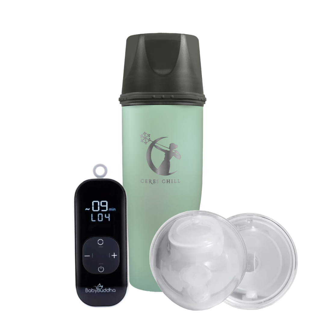 Green chiller with black top, Baby Buddah, and clear lid on a white background