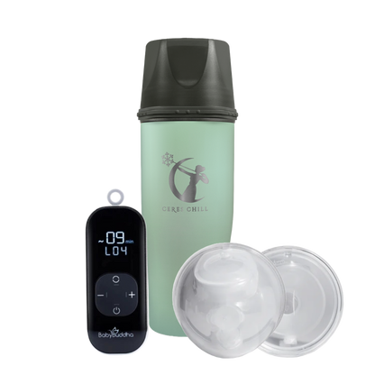 Green chiller with black top, Baby Buddah, and clear lid on a white background