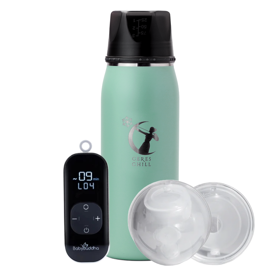 Green green bottle with black lid and Baby Buddah on a white background