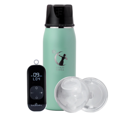 Green green bottle with black lid and Baby Buddah on a white background