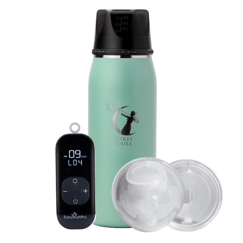 Green green bottle with black lid and Baby Buddah on a white background