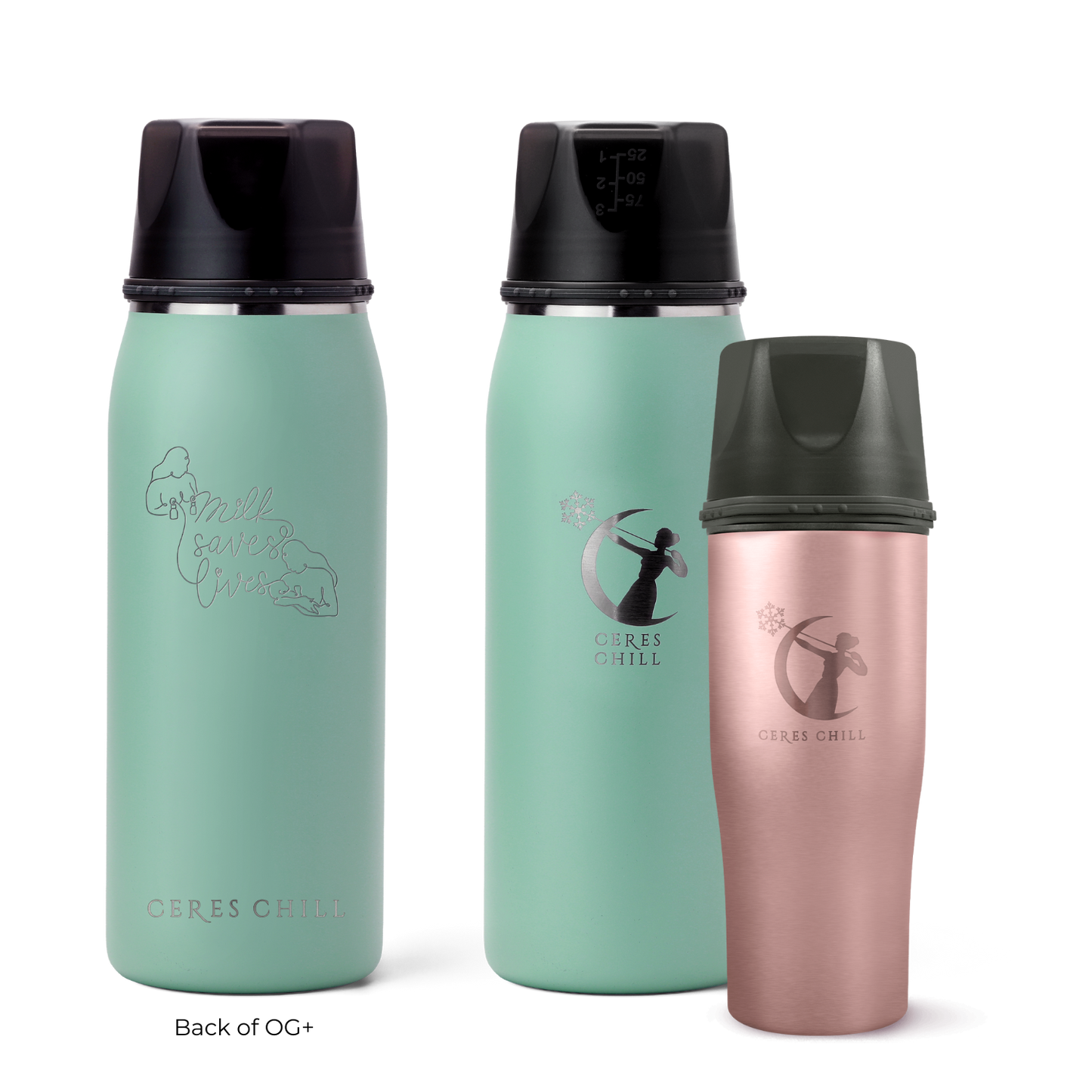 Three insulated breast milk storage chillers in green and rose gold with black lids on a white background.