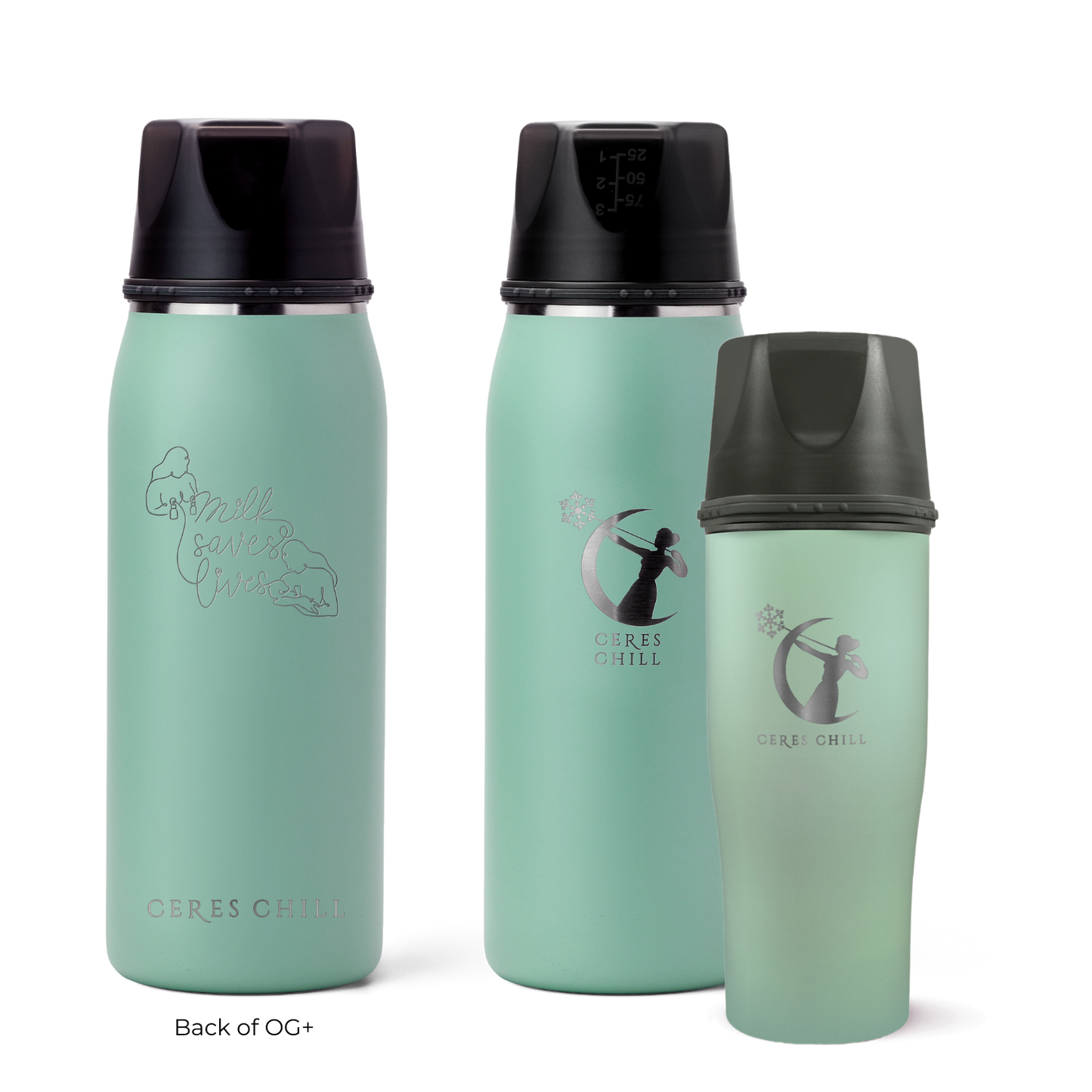 Three Ceres Chill insulated breast milk storage bottles in green on a white background.