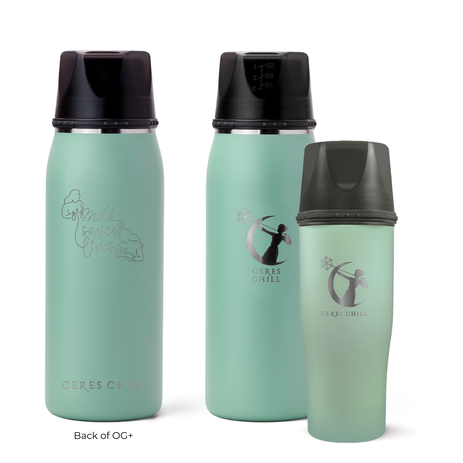 Three Ceres Chill insulated breast milk storage bottles in green on a white background.