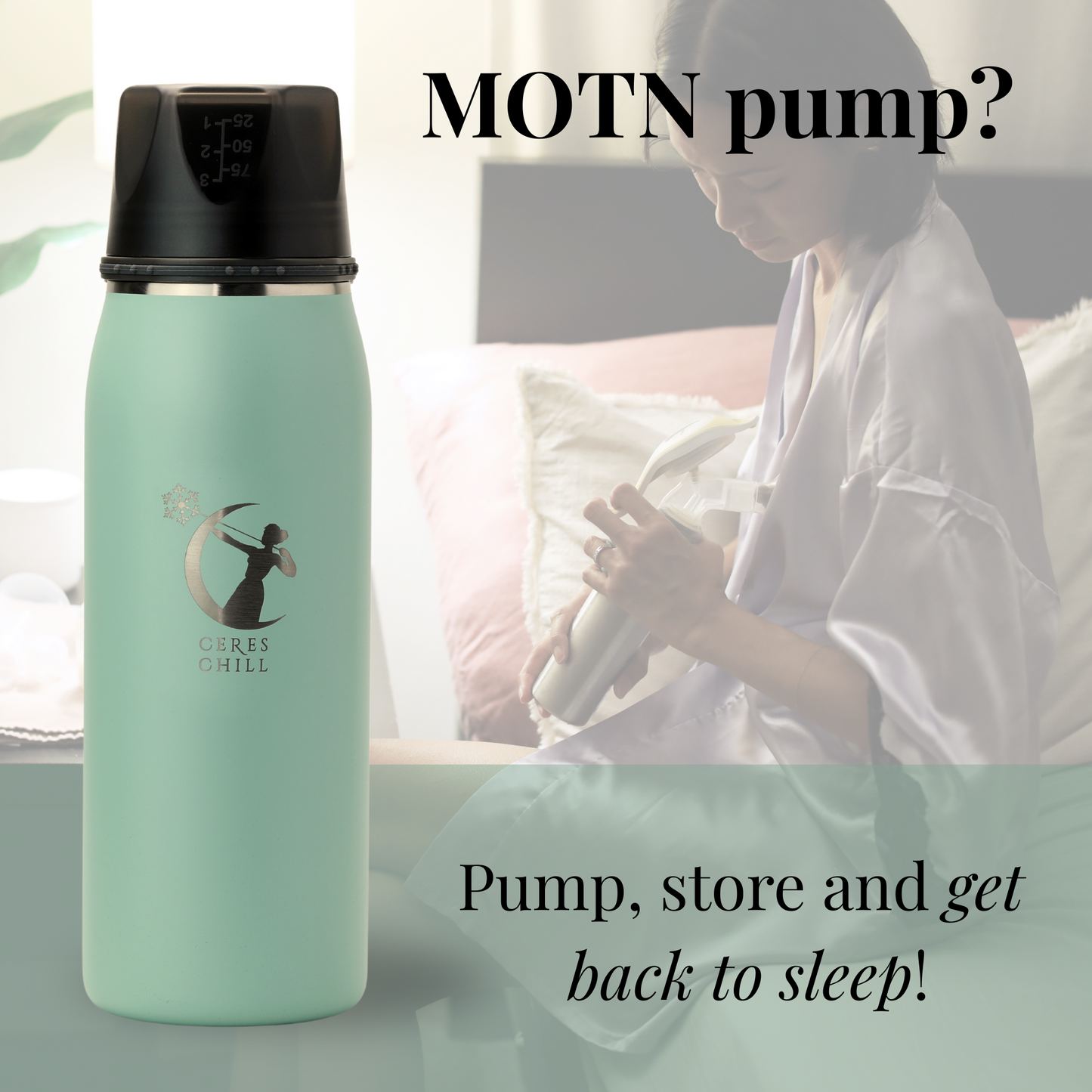 Green pump bottle with black cap on a blurred background of a person holding a hand breast pump.