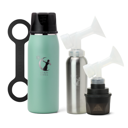 Collection of items including a green breast milk insulated storage chiller, inner chamber, cup, and breast pump attachments on a white background