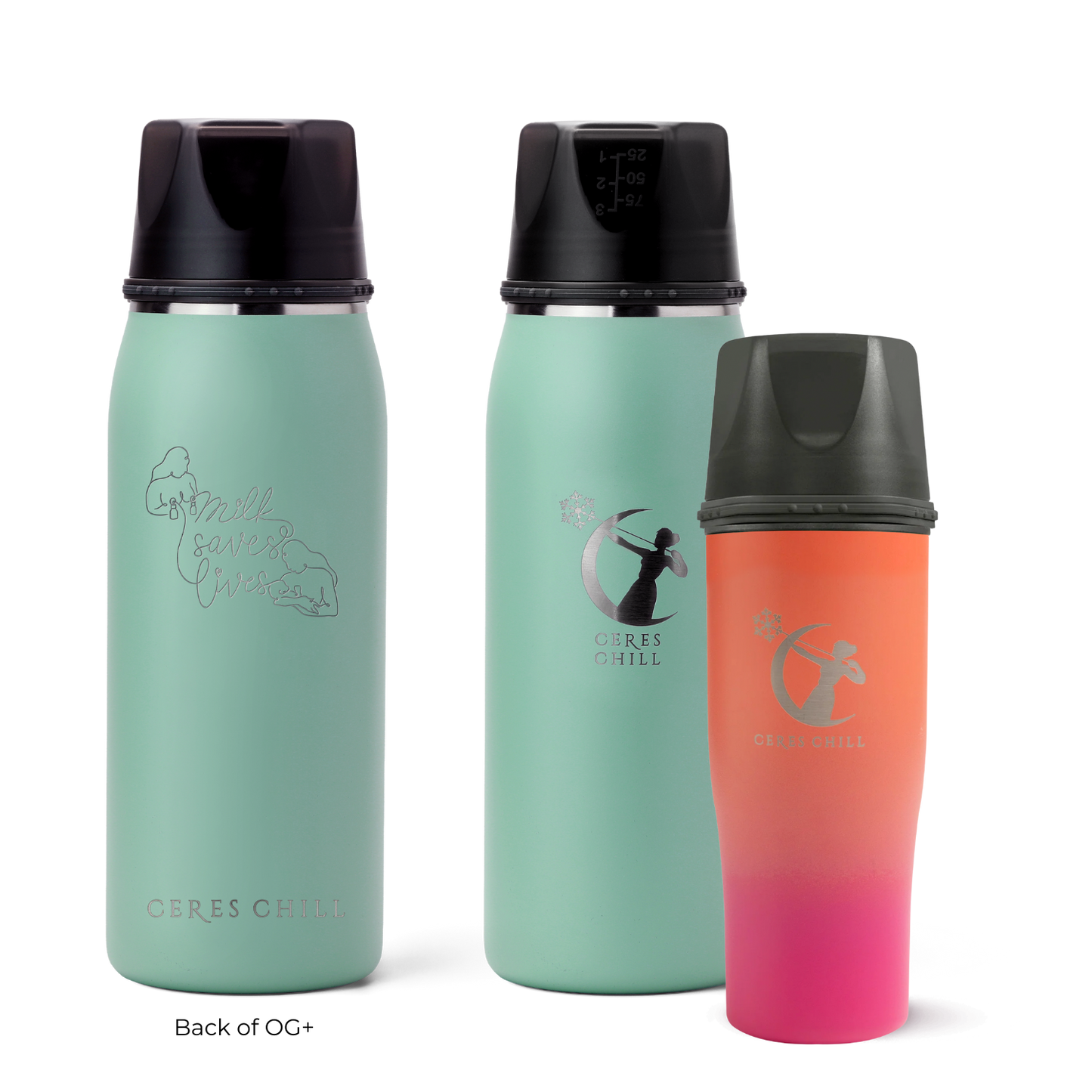 Three Ceres Chill insulated breast milk storage bottles in green and "dusk" on a white background.