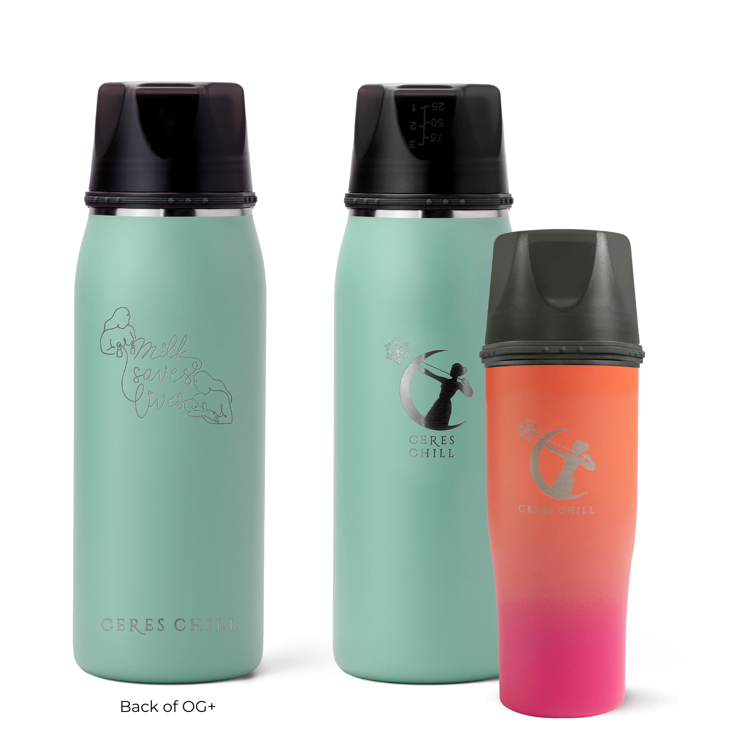 Three Ceres Chill insulated breast milk storage bottles in green and "dusk" on a white background.