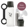 Collection of baby care products including a white bottle, gray silicon handle, and breast pump on a white background.