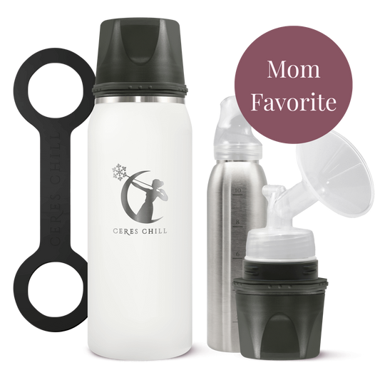 Collection of baby care products including a white bottle, gray silicon handle, and breast pump on a white background.