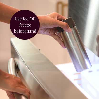 Person holding an inner chamber with text overlay placing into a freezer.