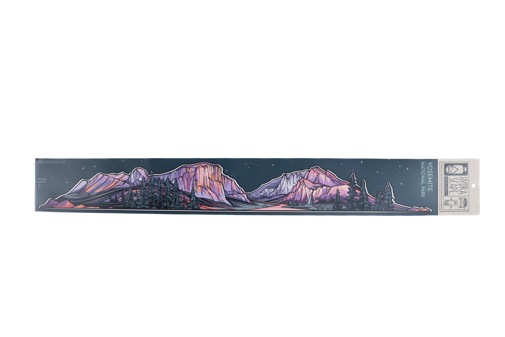 A long, narrow sticker mural featuring a mountain range in purple and pink hues, with a white and orange detail on the lower part.