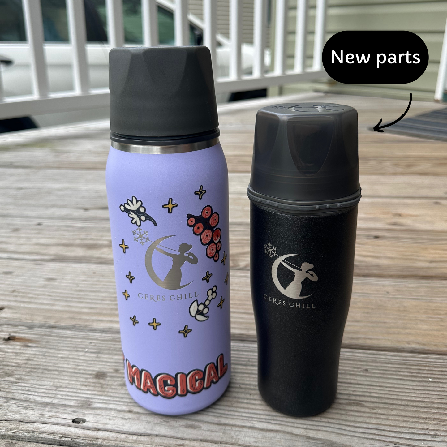 Two Ceres Chill breast milk chillers sitting on a deck, with a graphic text pointing at the new parts. 