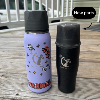 Two Ceres Chill breast milk chillers sitting on a deck, with a graphic text pointing at the new parts. 