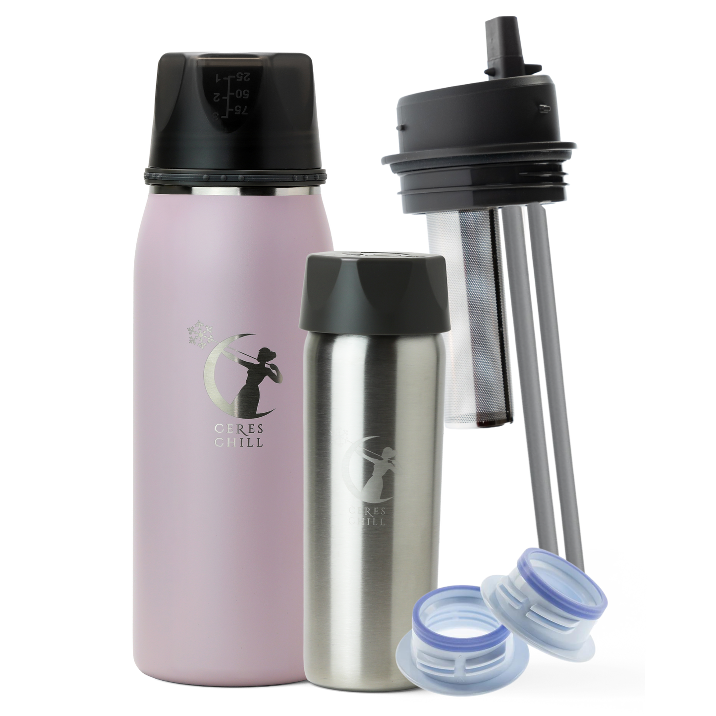 Collection of items including a Pink OG+ breast milk insulated storage chiller, inner chamber, tea infuser, and breast pump attachments on a white background