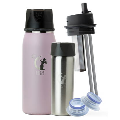 Collection of items including a Pink OG+ breast milk insulated storage chiller, inner chamber, tea infuser, and breast pump attachments on a white background