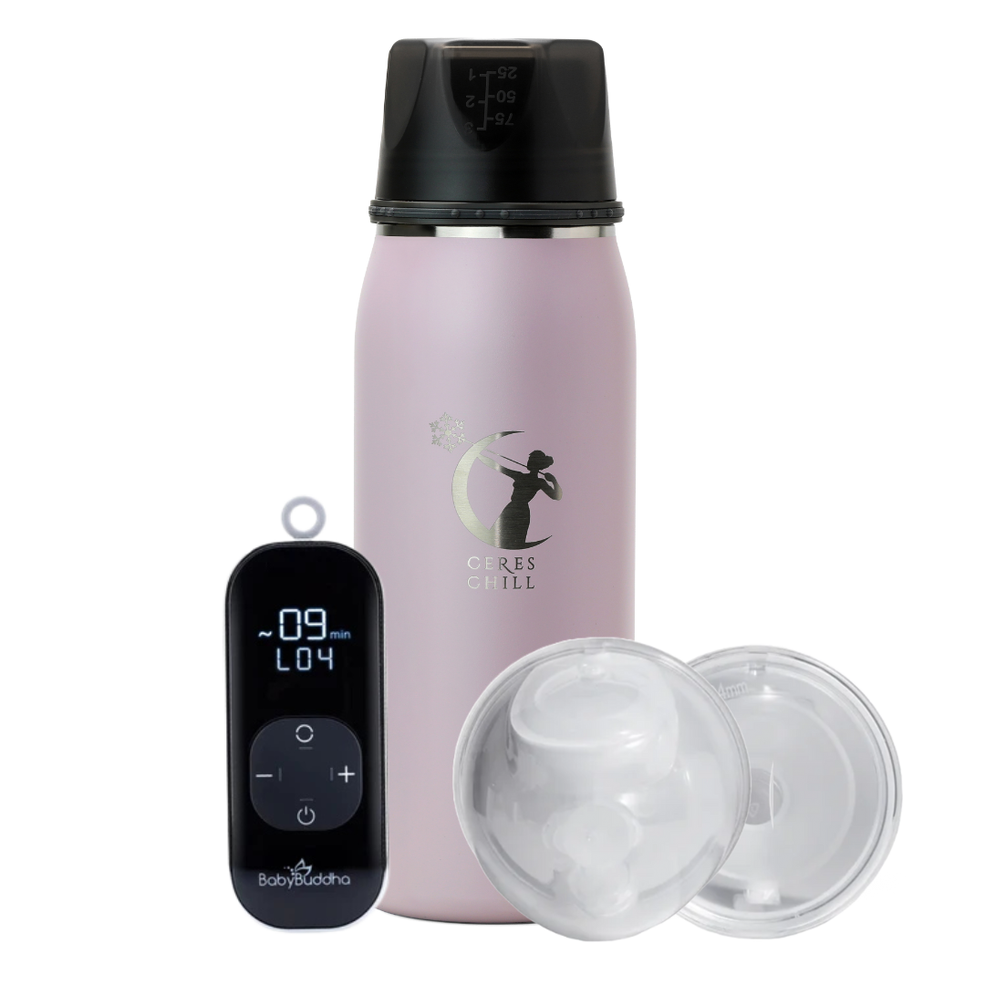 Pink insulated bottle with black lid and Baby Budah Breast Pump on a white background