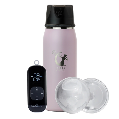 Pink insulated bottle with black lid and Baby Budah Breast Pump on a white background