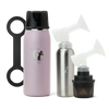 Collection of items including a pink breast milk insulated storage chiller, inner chamber, cup, and breast pump attachments on a white background