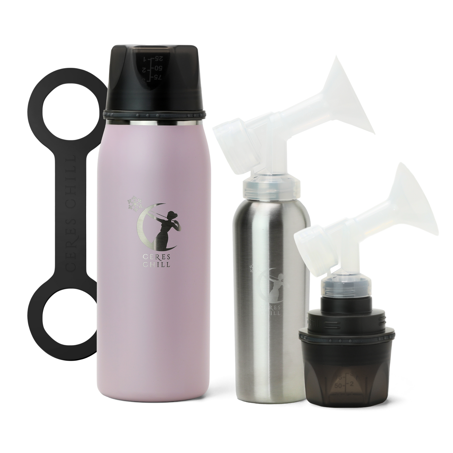 Collection of items including a pink breast milk insulated storage chiller, inner chamber, cup, and breast pump attachments on a white background