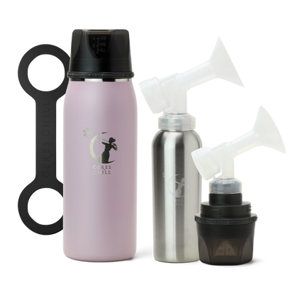Collection of items including a pink breast milk insulated storage chiller, inner chamber, cup, and breast pump attachments on a white background