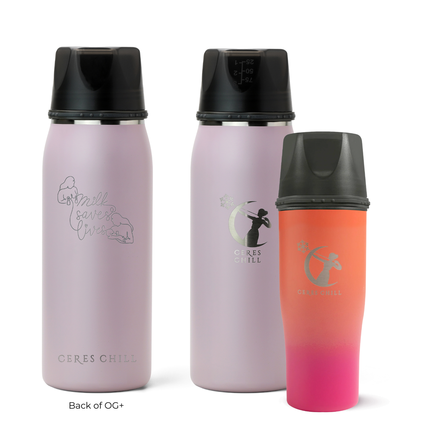 Three Ceres Chill insulated breast milk storage bottles in pink and dusk on a white background.