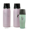Three Ceres Chill insulated breast milk storage bottles in pink and green on a white background.