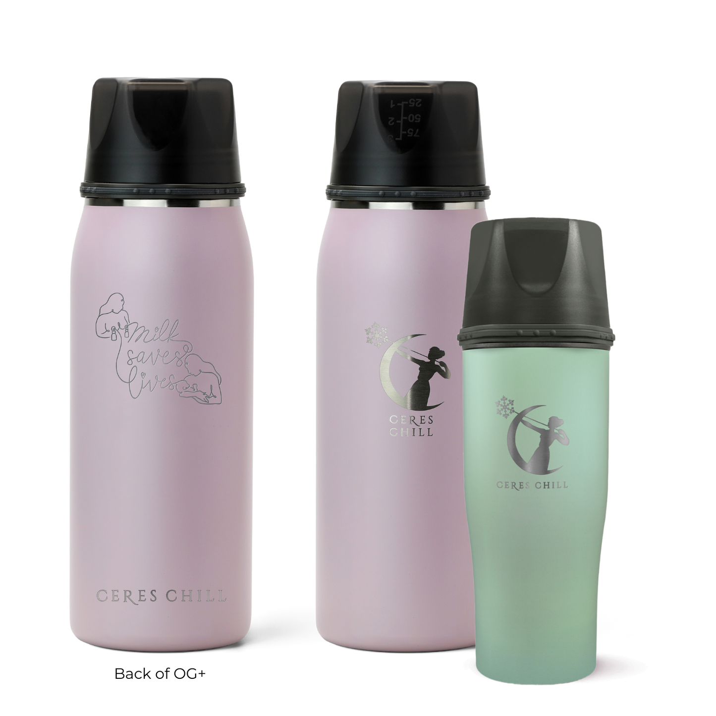 Three Ceres Chill insulated breast milk storage bottles in pink and green on a white background.