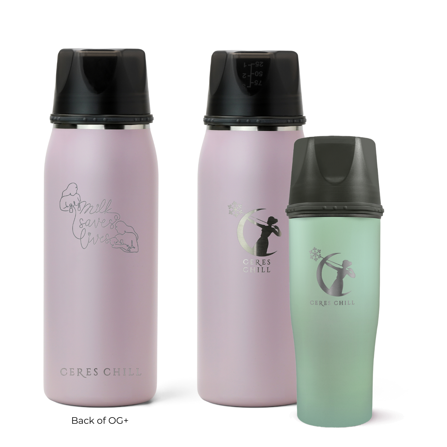 Three Ceres Chill insulated breast milk storage bottles in pink and green on a white background.