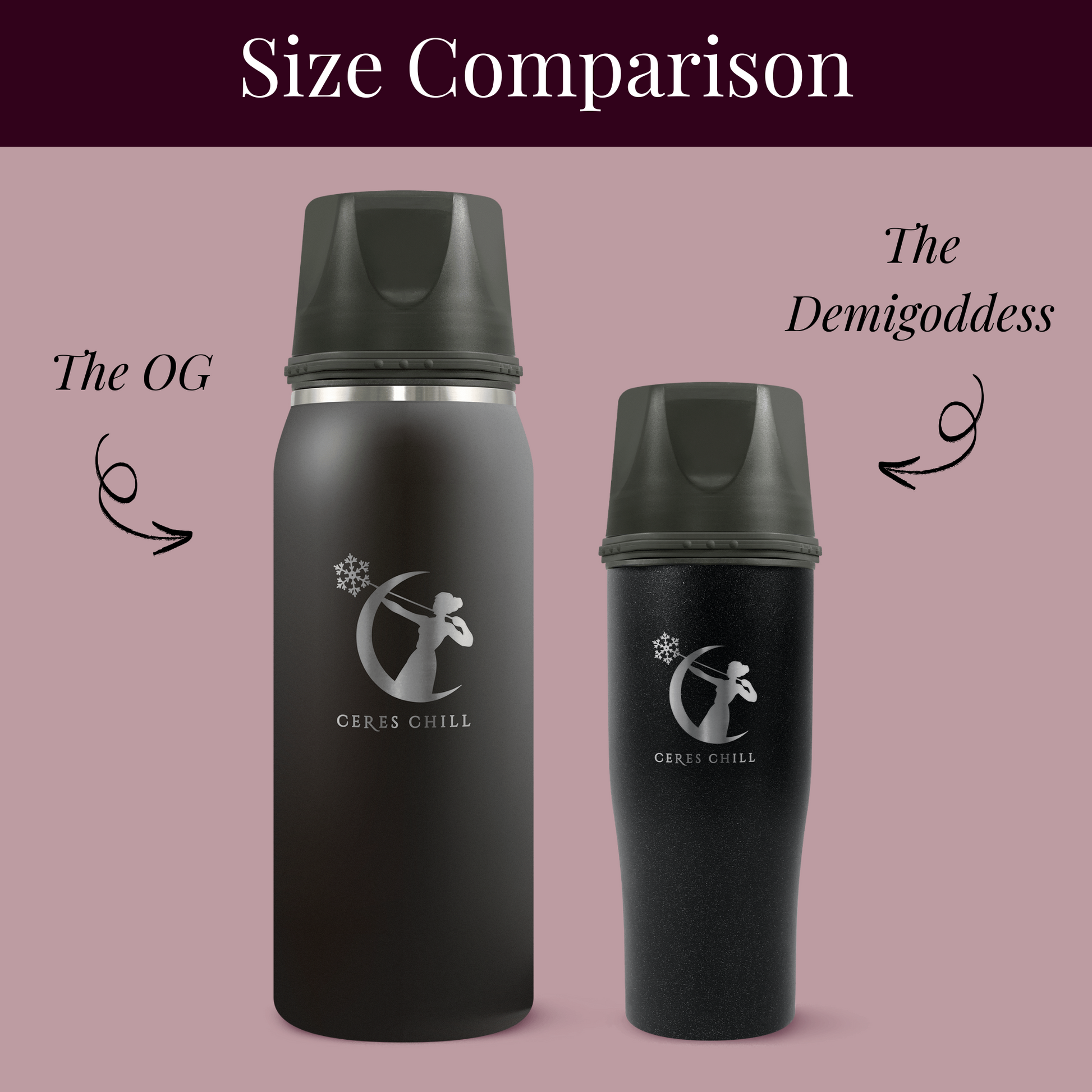 Two black thermos bottles labeled 'The OG' and 'The Demigoddess' on a pink background showcasing the difference in size. 