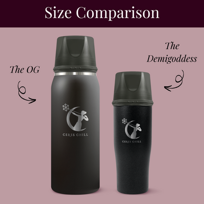 Two black thermos bottles labeled 'The OG' and 'The Demigoddess' on a pink background showcasing the difference in size. 
