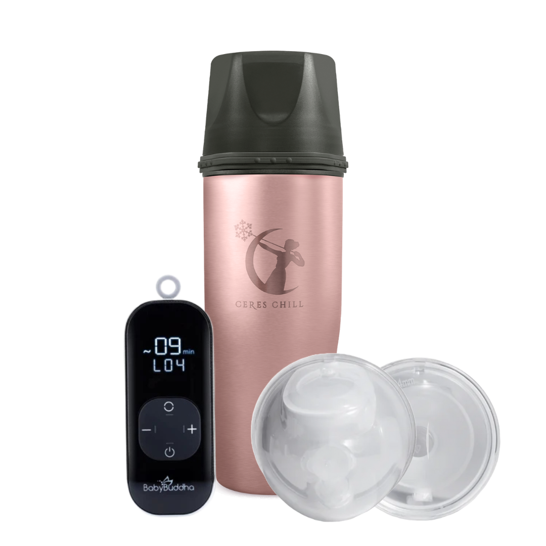 Rose gold chiller bottle with black top and digital Baby Buddha on a white background