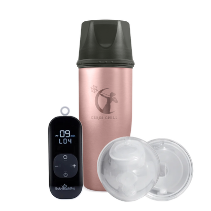 Rose gold chiller bottle with black top and digital Baby Buddha on a white background