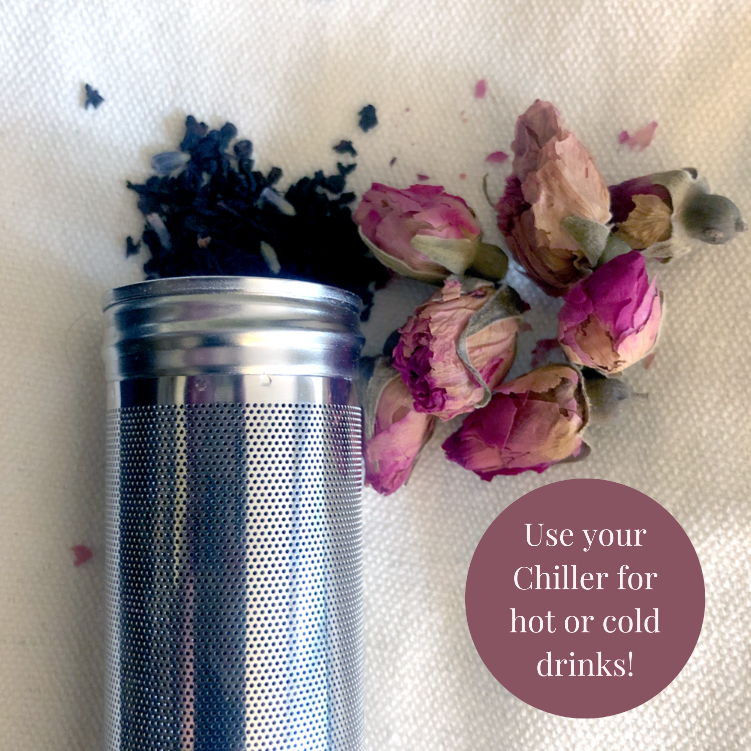 A Ceres Chill Tea Infuser with floral teas. 
