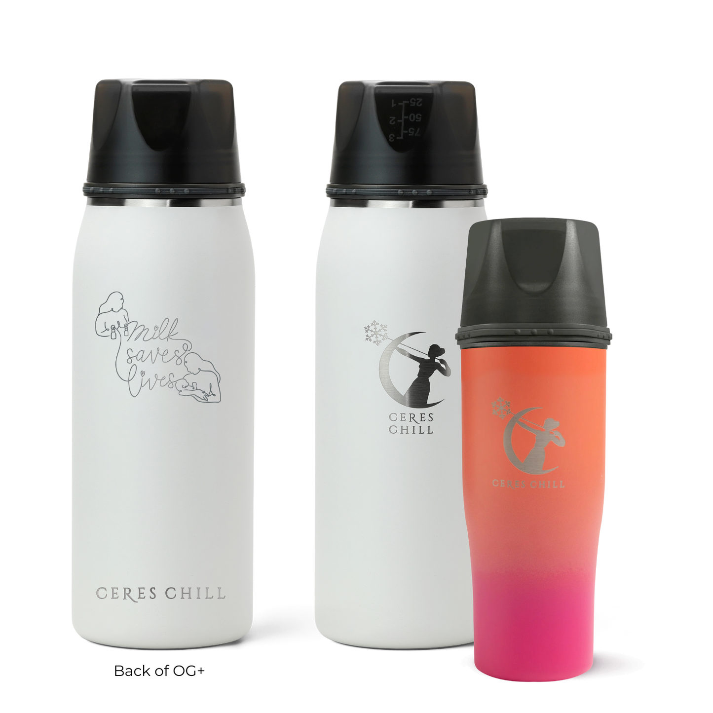 Three Ceres Chill insulated breast milk storage bottles in white and dusk on a white background.