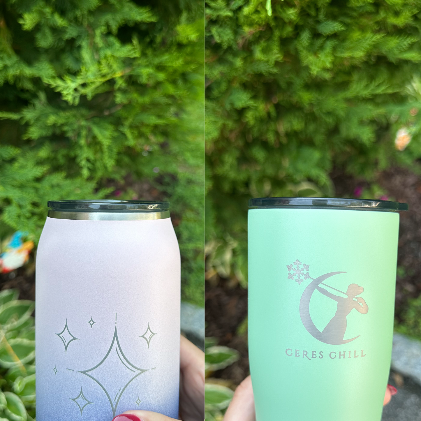 Two personalized Ceres Chill Breast Milk Chillers with coffee lids attached. 