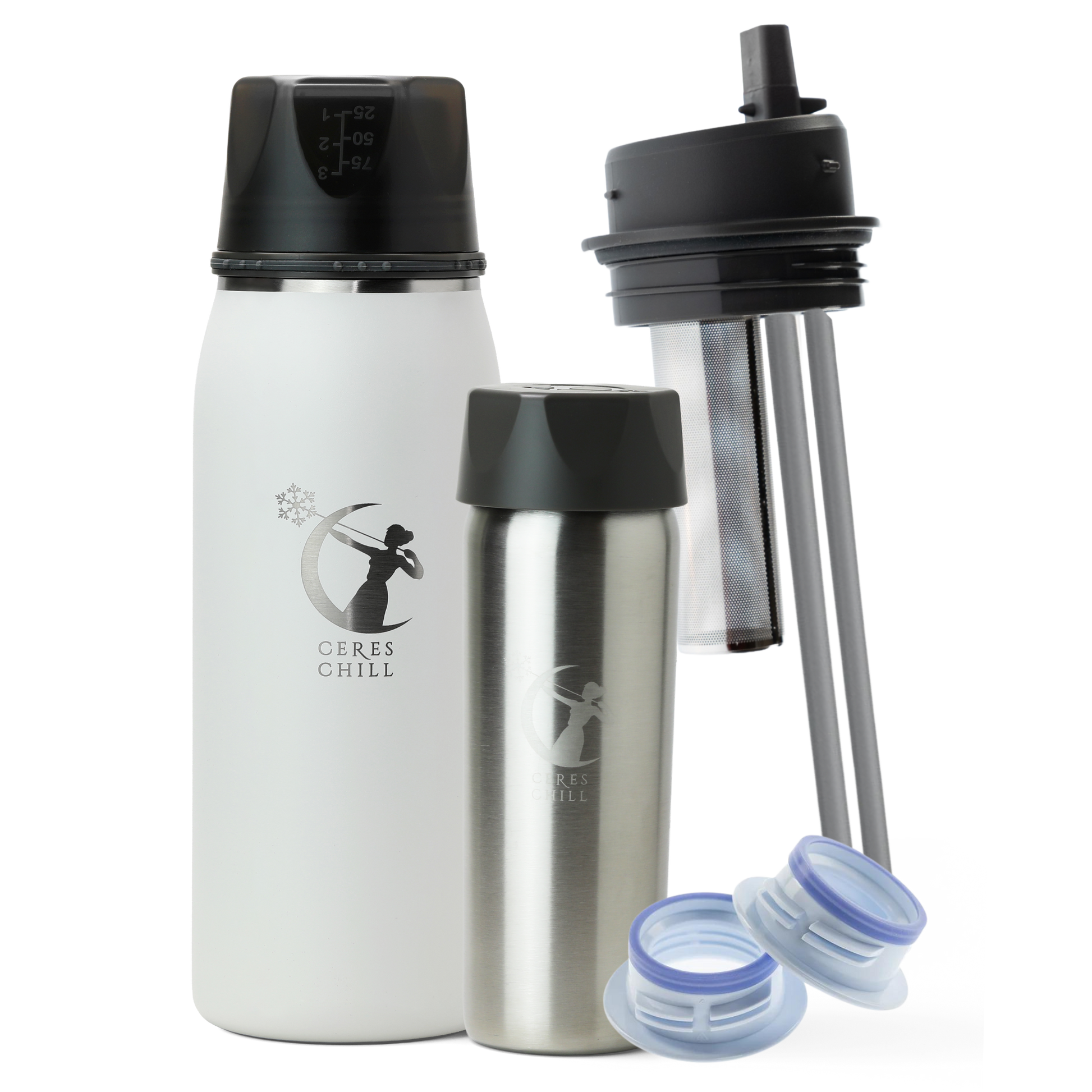 Collection of items including a White OG+ breast milk insulated storage chiller, inner chamber, tea infuser, and breast pump attachments on a white background