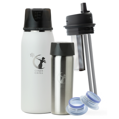 Collection of items including a White OG+ breast milk insulated storage chiller, inner chamber, tea infuser, and breast pump attachments on a white background