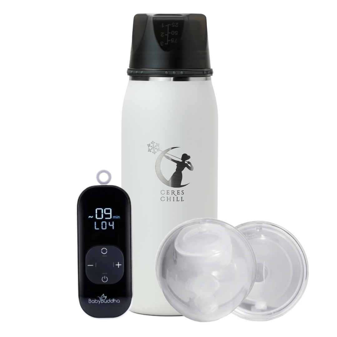 White insulated bottle with black lid and digital controller on a white background