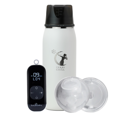 White insulated bottle with black lid and digital controller on a white background