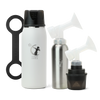 Collection of items including a white breast milk insulated storage chiller, inner chamber, cup, and breast pump attachments on a white background