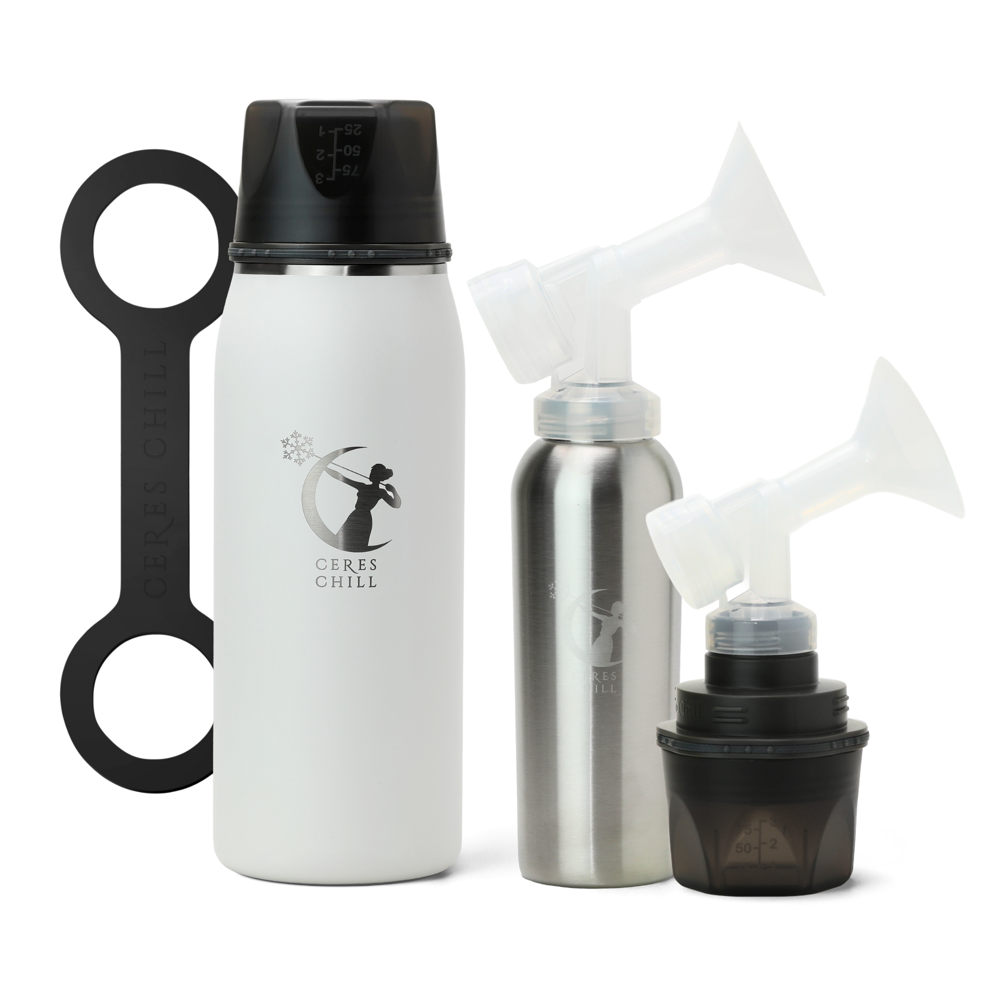 Collection of items including a white breast milk insulated storage chiller, inner chamber, cup, and breast pump attachments on a white background