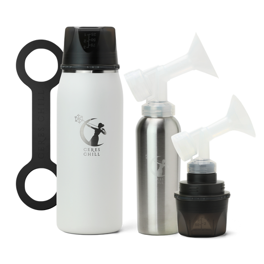 Collection of items including a white breast milk insulated storage chiller, inner chamber, cup, and breast pump attachments on a white background