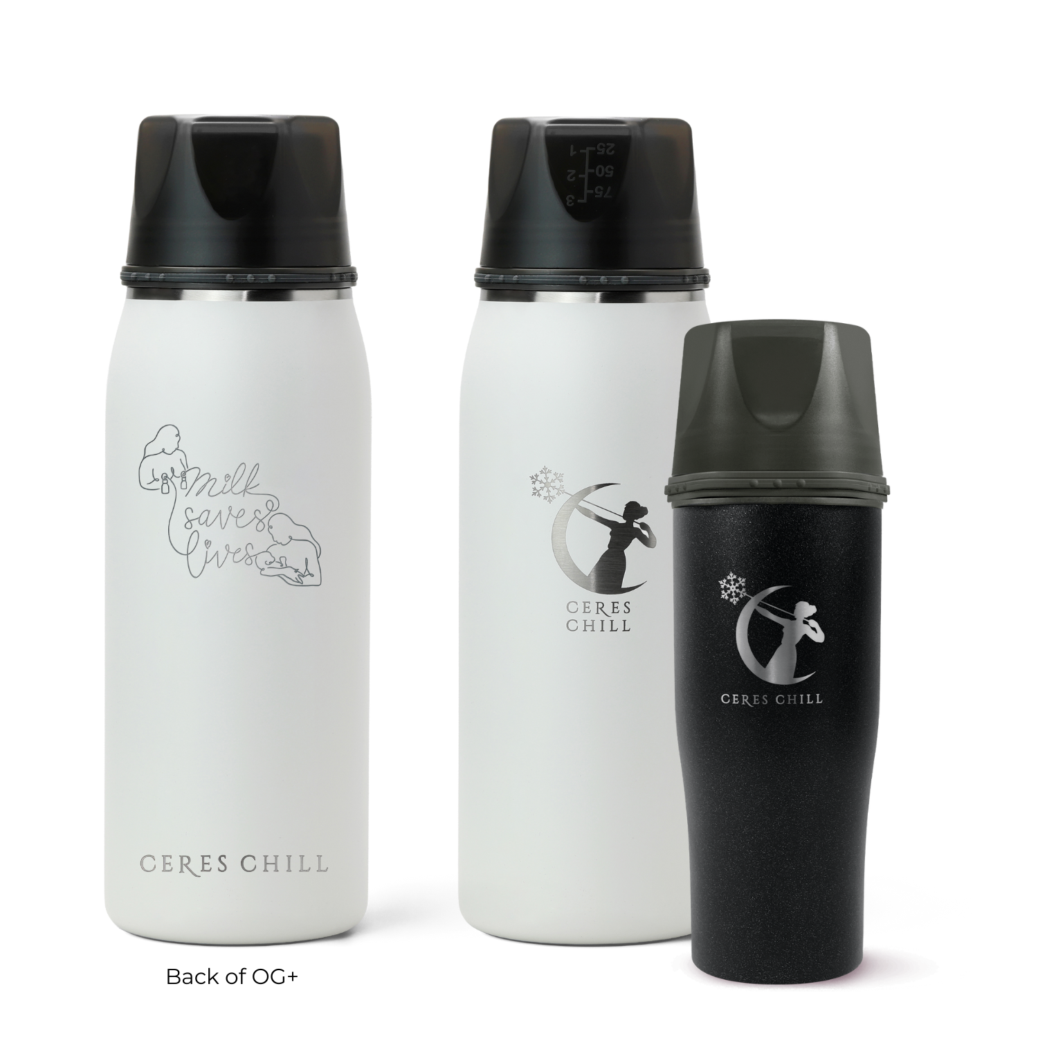 Three Ceres Chill insulated breast milk storage bottles in white and black on a white background.