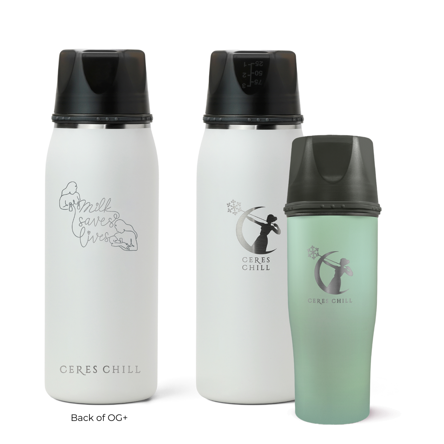 Three Ceres Chill insulated breast milk storage bottles in green and white on a white background.